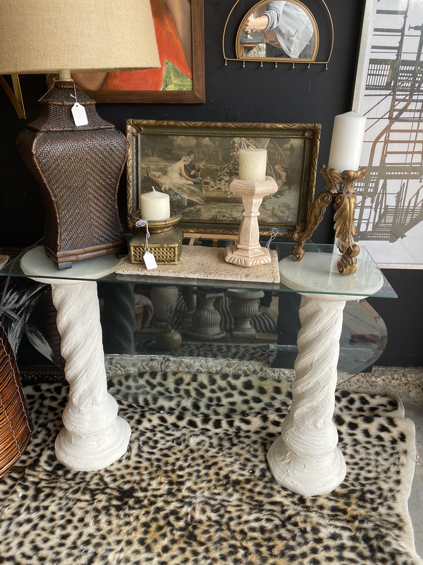 Vintage postmodern twisted pillar with glass top console table