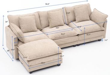 coffee color 3-seat combo sofa with ottoman for living room apartment bedroom and compact room, Upholstered sectional Couch, L Shaped Bench with a foo