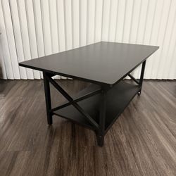 Coffee Table, 2-Tier Wood Table with Storage Shelf and X-Shape Steel Frame