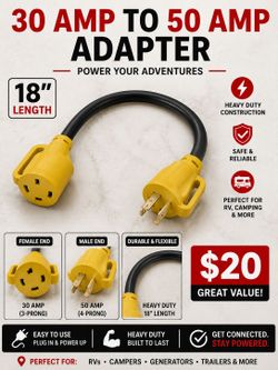 30 Amp to 50 Amp RV Adapter – Heavy Duty 18" Power Adapter – $20
