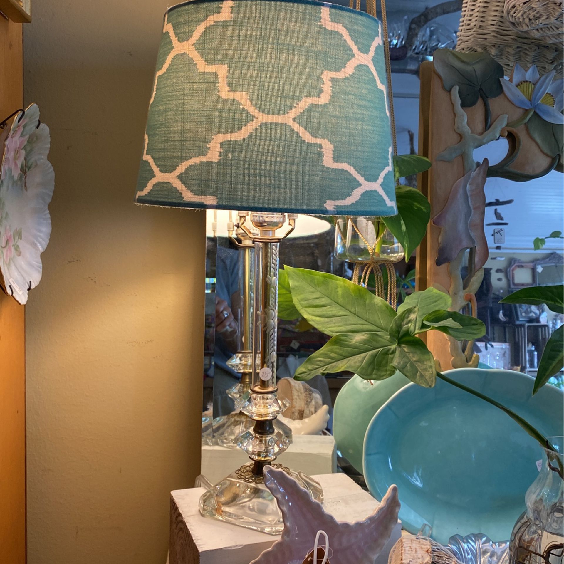 Vintage Lamp Glass Cut Crystal 19” With Blue Shade Christmas Decor Wedding Table 