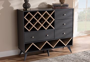 Dark Oak Wood Wine Cabinet with Multiple Drawers and Open Shelves