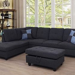 New Black Grey Sectional With Ottoman 