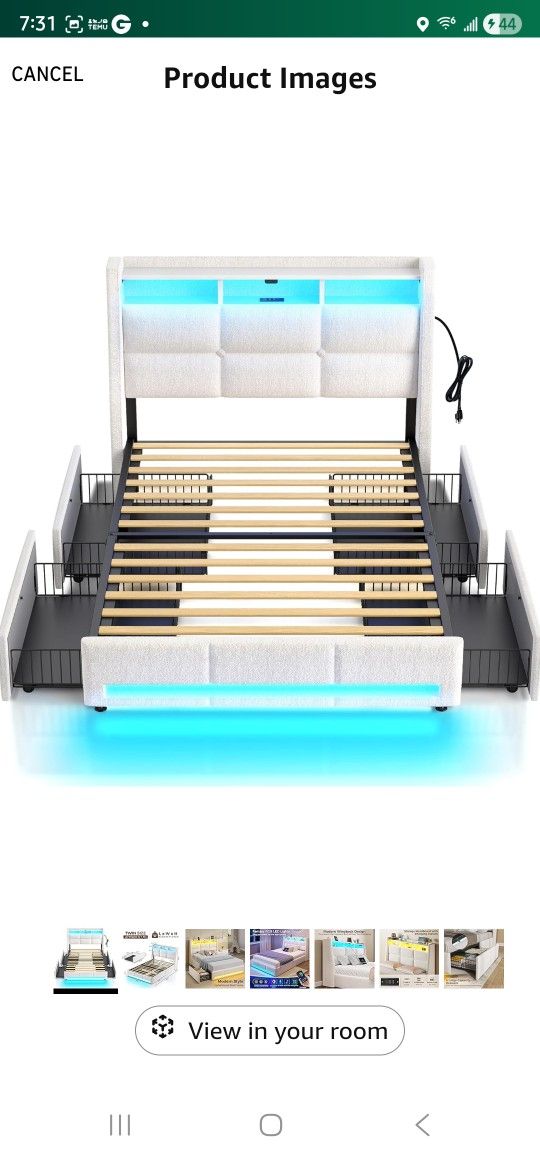 Rolanstar Twin Size Bed Frame with LED Lights and Charging Station, Upholstered Bed Storage Headboard & Drawers, Heavy Duty Wood Slats, Easy Assembly,