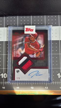 2025 topps flagship auto patch card, red 1/5 James Woods rookie