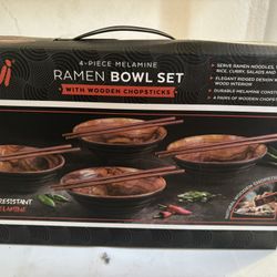 4 Piece Melamine Ramen Bowl Set with Wooden Chopsticks