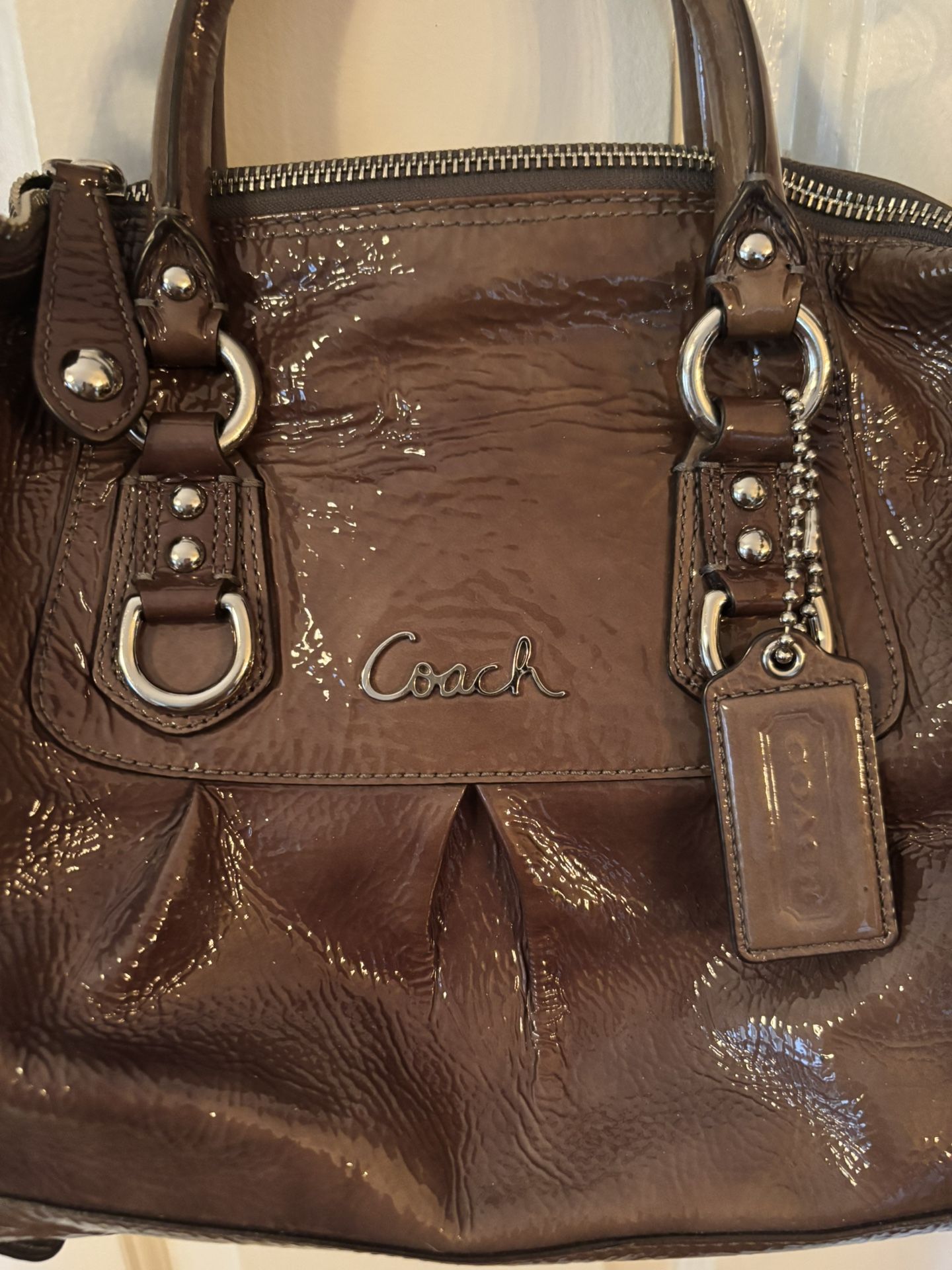 Coach Purse, Patent Leather, Gray, Excellent Shape, Authentic.