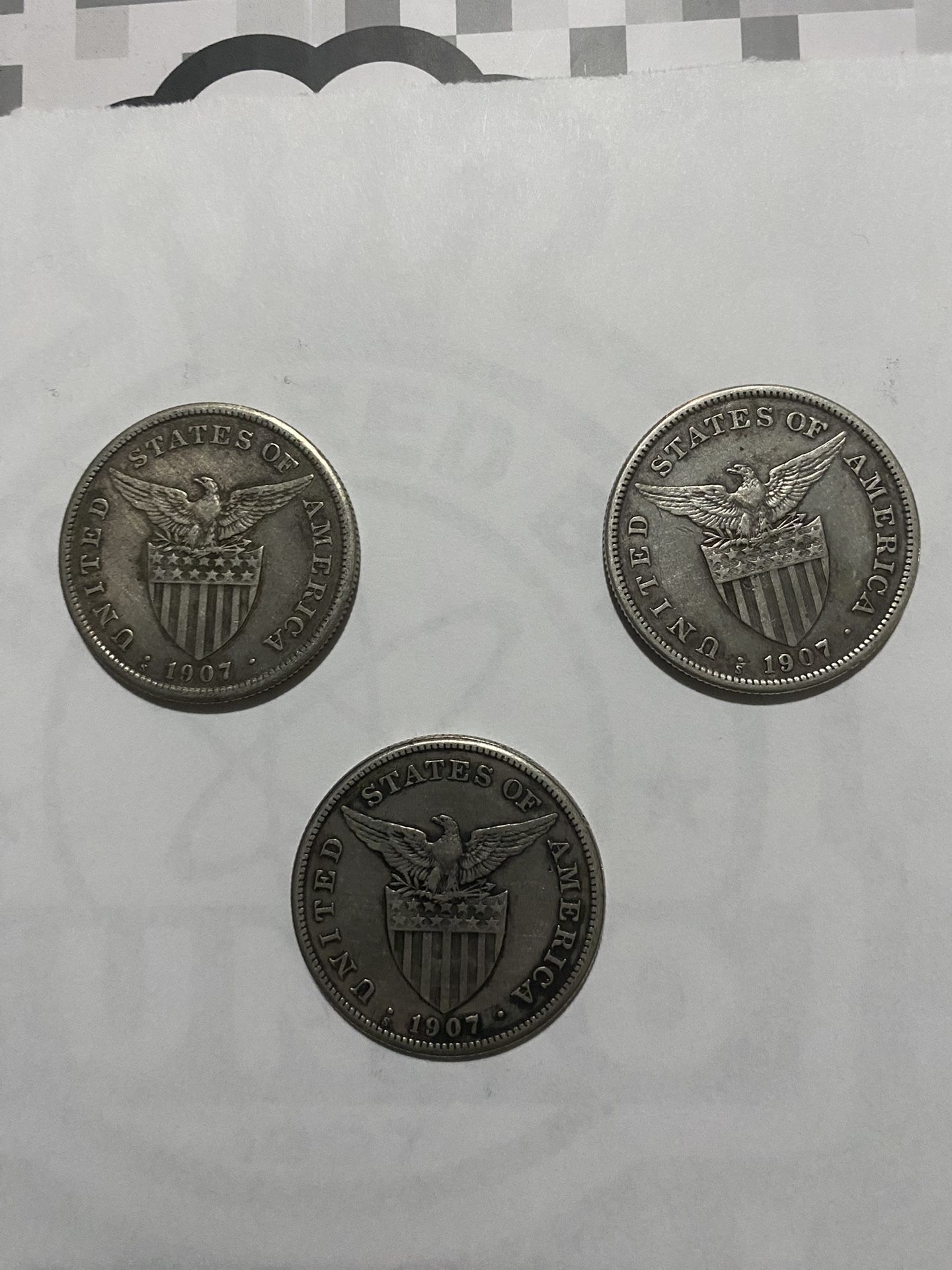 3x 1907 US Philippine Silver peso