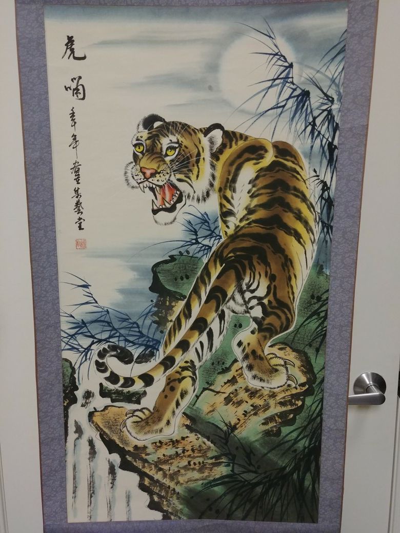 Chinese Tiger Climbing Mountain Scroll Art Painting