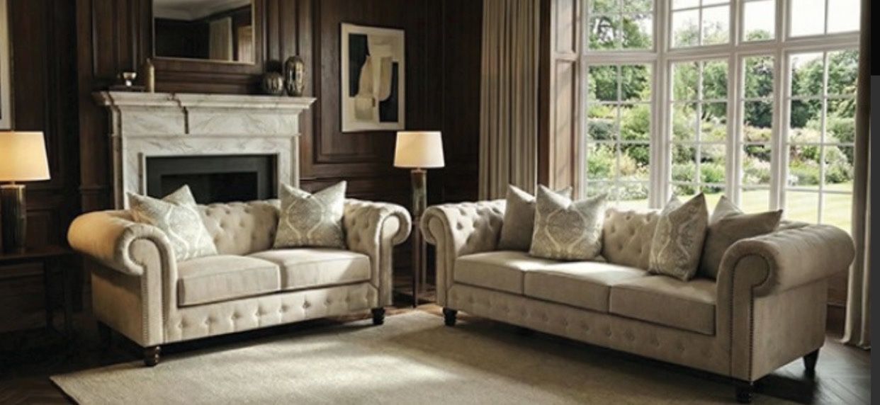 2PCS SOFA SET BEIGE CHESTERFIELD ROLLED ARM $1699 CHAIR $499 DELIVER AVAILABLE