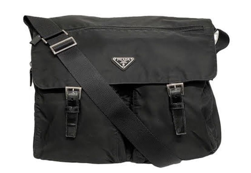 Pre Owned Prada Flap Double Pockets Nylon Leather Strap Shoulder Bag