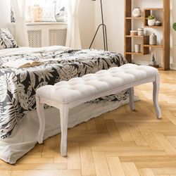 Entryway Bench with Tufted Upholstered, Fabric Ottoman Foot Stool End of Bed, Wood Dining Bench (Beige)