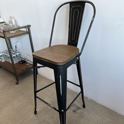 Modway Promenade Industrial Modern Steel Bistro Bamboo Seat in Black, Metal Bar Side Stool