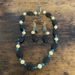 Handmade Gold Plated Black Gemstone Blue Swarovski Yellow Freshwater Pearl Necklace Earrings