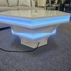 Brand New 40" x 40" Hexagon Multi-Color LED White Lacquer Coffee Table With Bluetooth Speaker And Wireless Charging