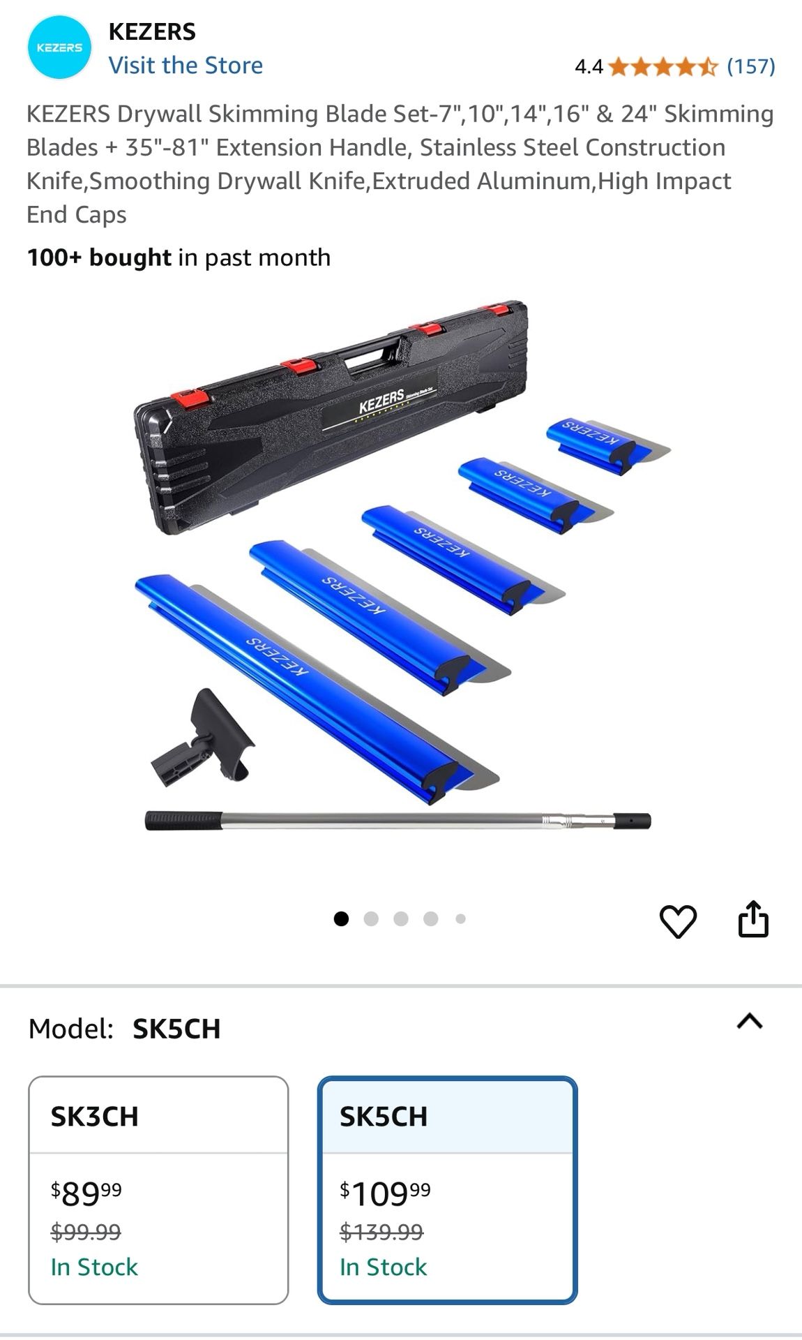 KEZERS Drywall Skimming Blade Set-7",10",14",16" & 24" Skimming Blades + 35"-81" Extension Handle, Stainless Steel Construction Knife,Smoothing Drywal