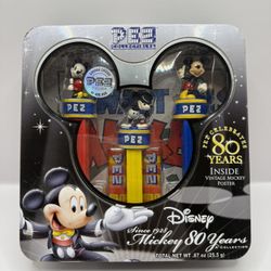 PEZ Mickey 80 Years Disney Tin 2007 w/Poster. Factory Sealed - 3 Dispensers