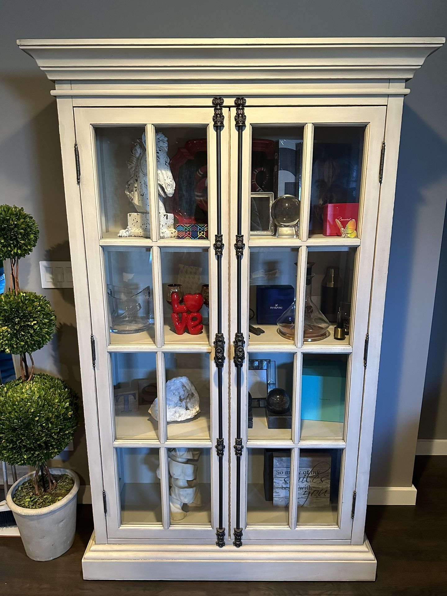 Restoration Hardware Taupe Beige Tall Display Cabinet Storage Case Casement Glass French Double Doors