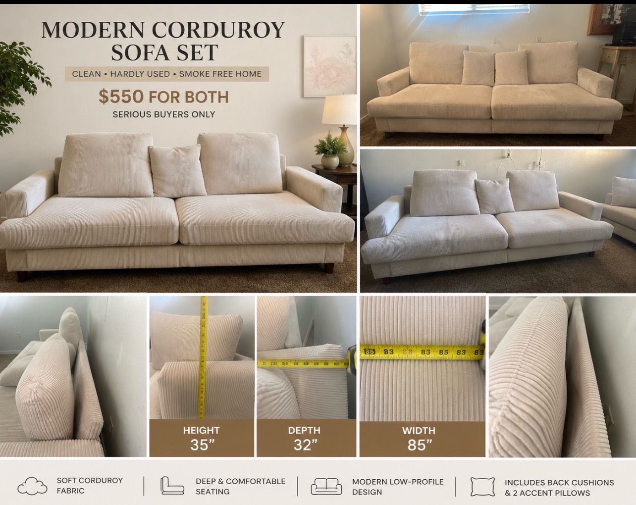 Modern Beige Corduroy Modular Sofa – 85” Wide
