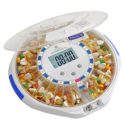 Senyerkare Automatic Pill Dispenser -Timed Alarms & Locked for Seniors No App Needed - Sound/Light Alarms, 6 Daily Doses, Locked Clear-Lid Organizer w
