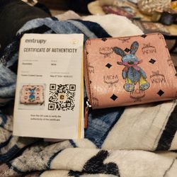 MCM Visetos Pattern Rabbit Bunny Bifold Wallet Beige Pink Black Logo Zip Around