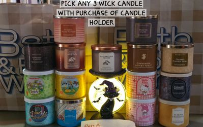Bath & body works halloween light up cat & moon pedestal 3 wick candle holder with free candle