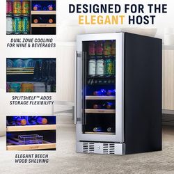 15" Dual Zone Beverage Refrigerator & Wine Cooler for 9 Bottles & 48 Cans | Freestanding or Built-In Under Counter Mini Fridge for Beer, Wine and Soda