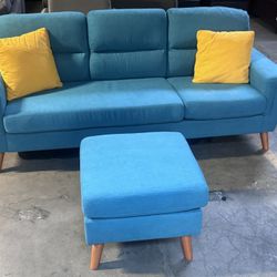 blue sofa with table