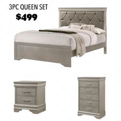 3PC Queen bedroom Set (Queen bed, nightstand, chest)