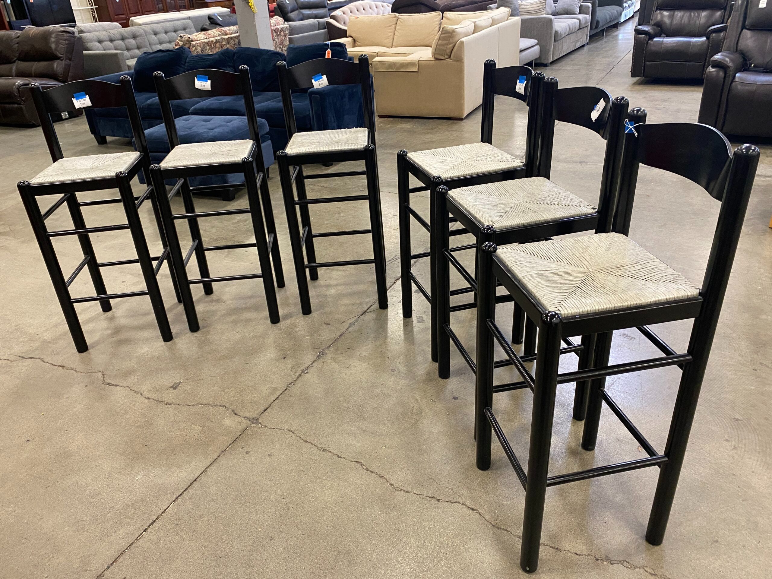 Black Painted Wood and Wicker Barstools (Set of 6)