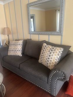 Gray Fabric Sofa & Loveseat with Nailhead Trim