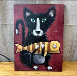 Keiko Motoyama Cat & Fish Acrylic Painting Canvas 16x12