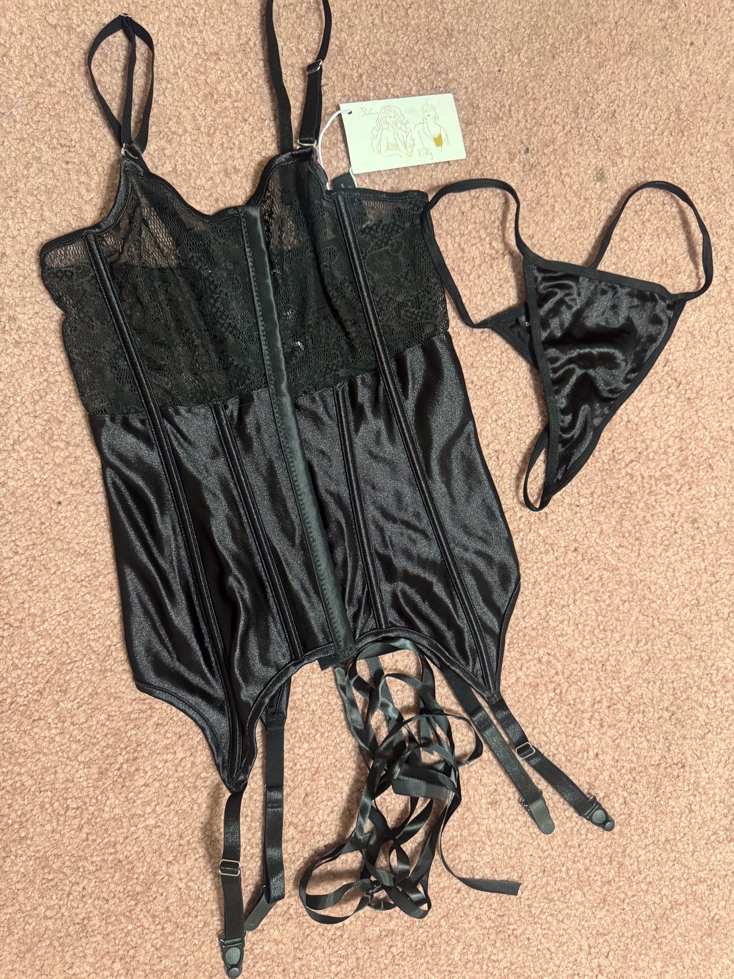 New Small Medium Black Satin Corset Teddy Panty Garter Lingerie Set