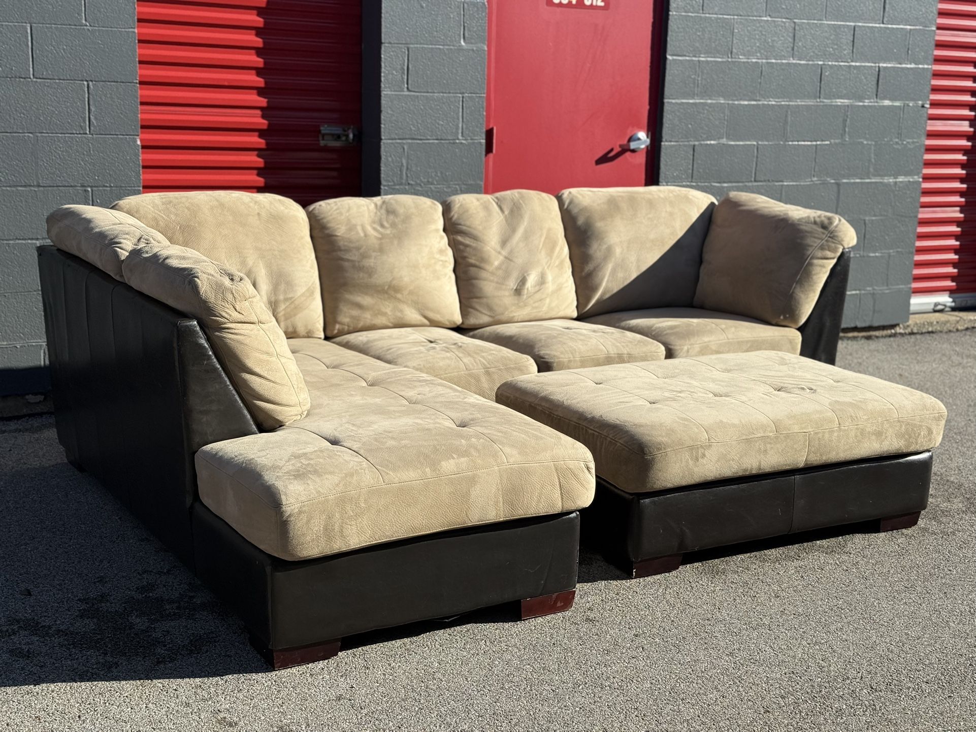 Tan & Brown Sectional Couch with Ottoman - Free Curbside Delivery!