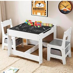 Kids Table and 2 Chairs Set, Storage Space W/Storage Drawers, 3 in 1  Activity play D-1