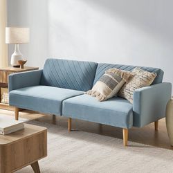 mopio 76.8" Futon Sofa Bed, Small Couch, Sleeper, Loveseat, Mid Century Modern Futon Couch, Sofa Cama, Couches for Living Room (Sky Blue Premium Velve