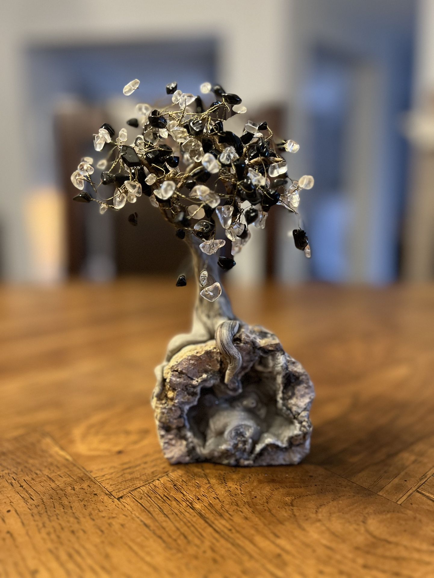 Gemstone Tree with Geode Base - 7.5” Tall - Black & Clear Stones