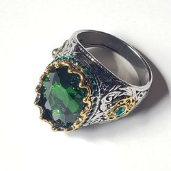 Zircon Ring 925 Silver Ring Engraved, Multi Stone Ring for Men. Color Green Stone Ring Size 12