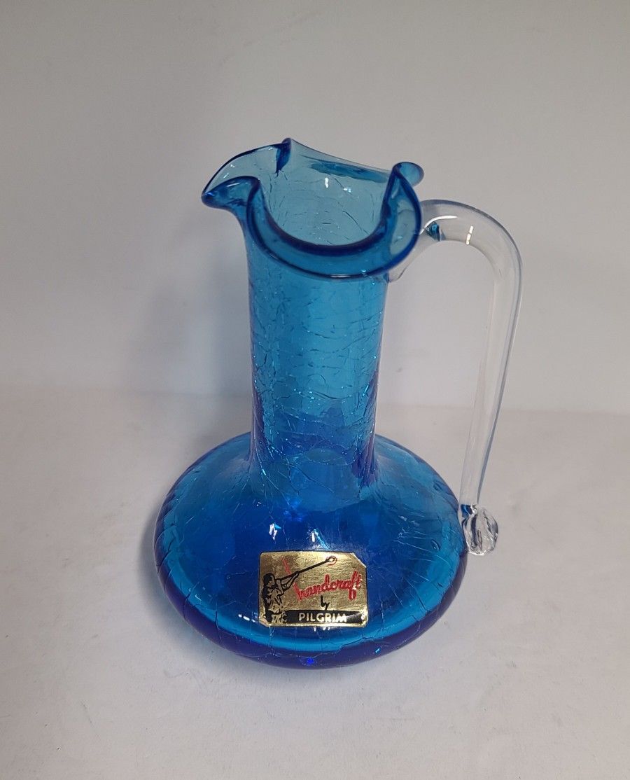 Beautiful Vintage Blue Crackle Pilgrim Glass Pitcher