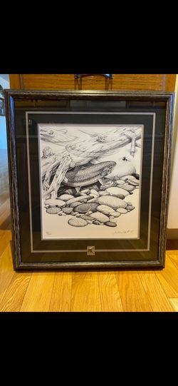 Trout with Fly - Black/Gray Framed & Matted Picture