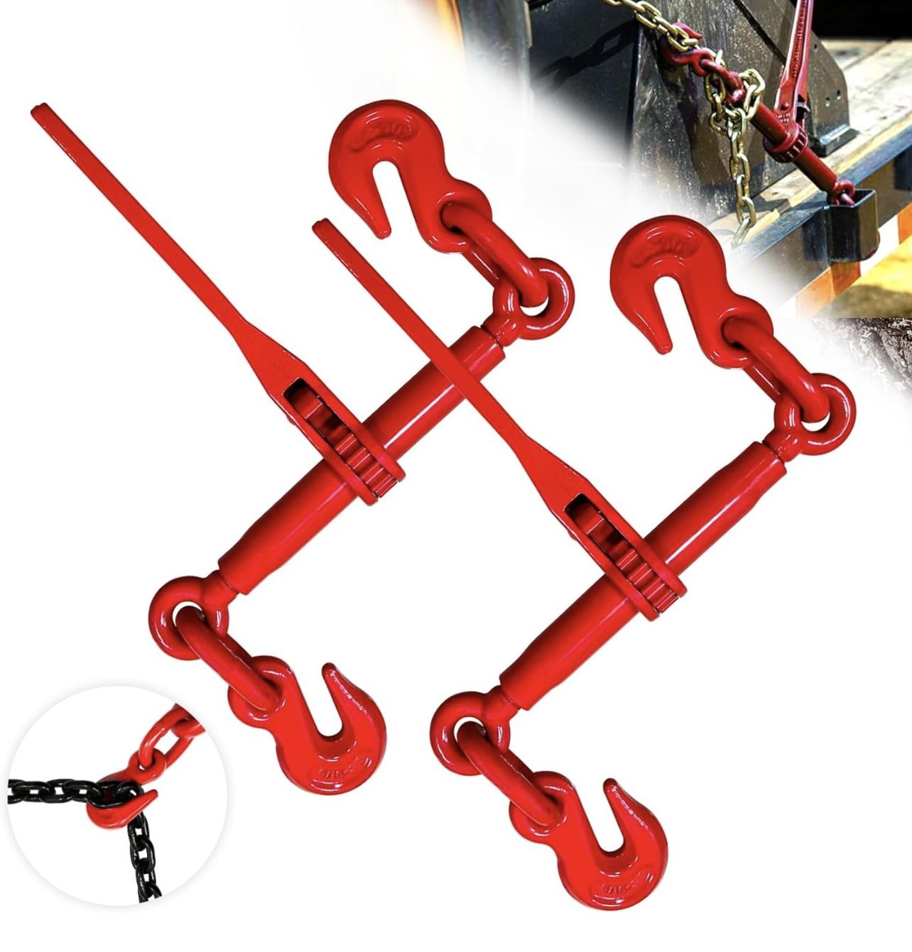(2 pack) Ratchet Chain Binders 5/16'' - 3/8‘’ Load Binder Grab Hooks Tie Down Transport Flatbed