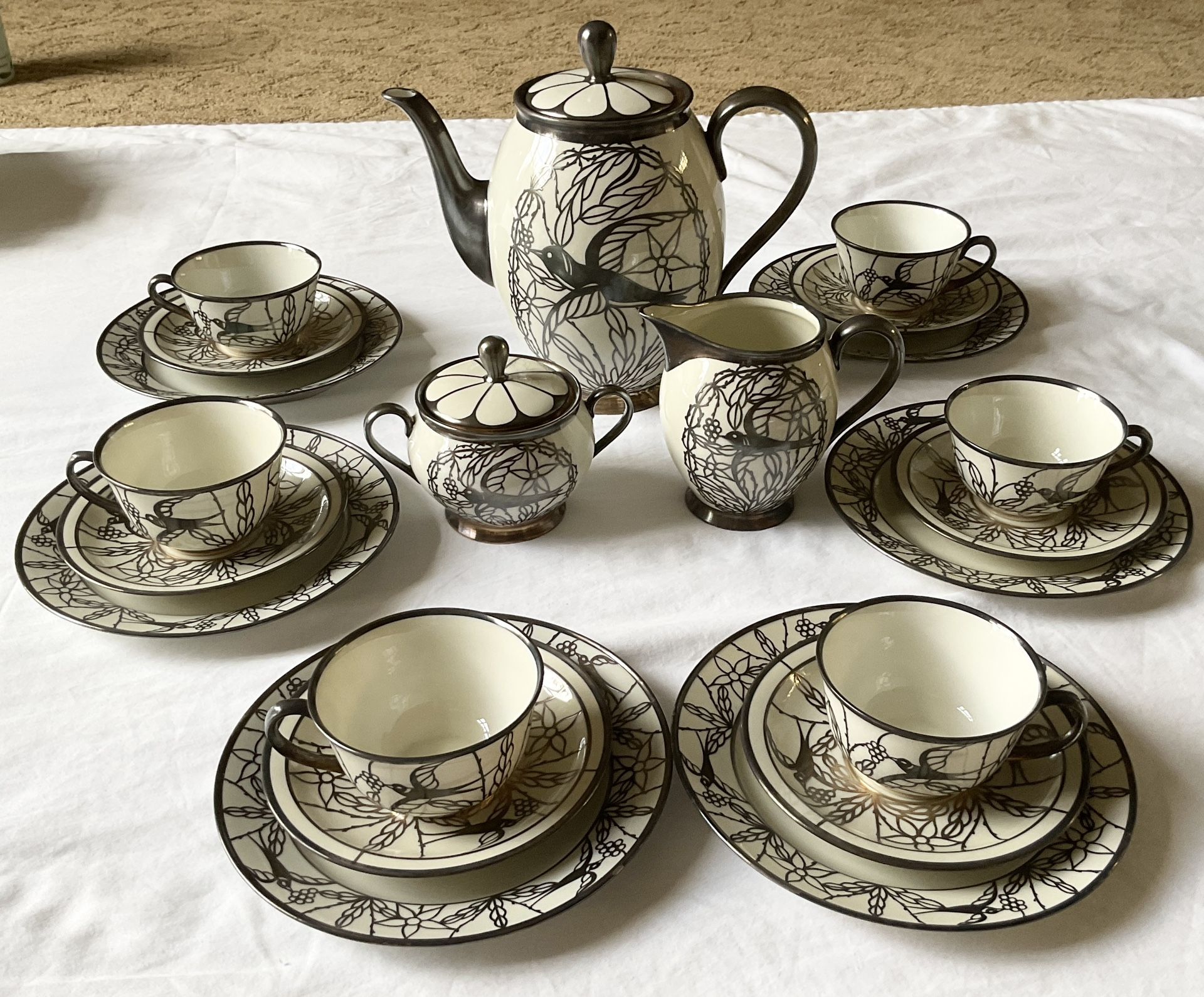 Antique Silver Overlay Tea Set Deusch Bavaria Bird Pattern Rare
