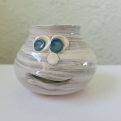 Vintage Art Pottery Face Small Vase Signed Open Mouth Blue Eyes 2.5" Home Decor 