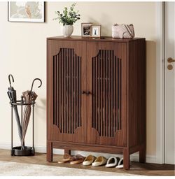 Assembled Shoe Cabinet with 2 Doors & Adjustable Shelves, 5-Tier (Walnut) 23 Pairs Shoe Storage Cabinet, 43" Tall Farmhouse Shoe Rack Shoe Organizer C