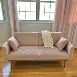 Golden Metal Legs, Velvet Sofa, Convertible To Bed, Pink, With Two Pillows, Super Cute 