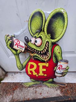 Ray fink hotrod car culture enjoying Rainier Beer  steel metal sign