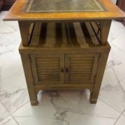 Vintage Mid-Century Modern Wood Cabinet / Side or End Table. Sturdy wood cabinet with louvered doors on the bottom. Probably Walnut (or Teak?). Top de