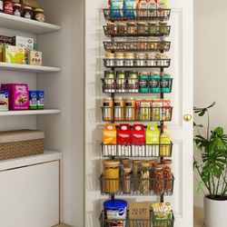 9-Tier Over The Door Pantry Organizer, Pantry Storage and Organization, Black Metal Hanging Spice Rack Seasoning Shelves Door, Wall Mount for Home & K