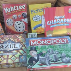 (6) Board games (Azul, Charades, Jenga, Monopoly, Pictionary, Yahtzee)