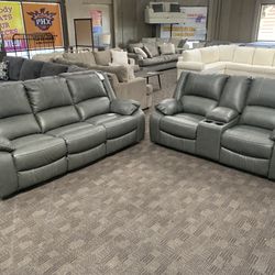 Grey Leather Reclining Sofa Set